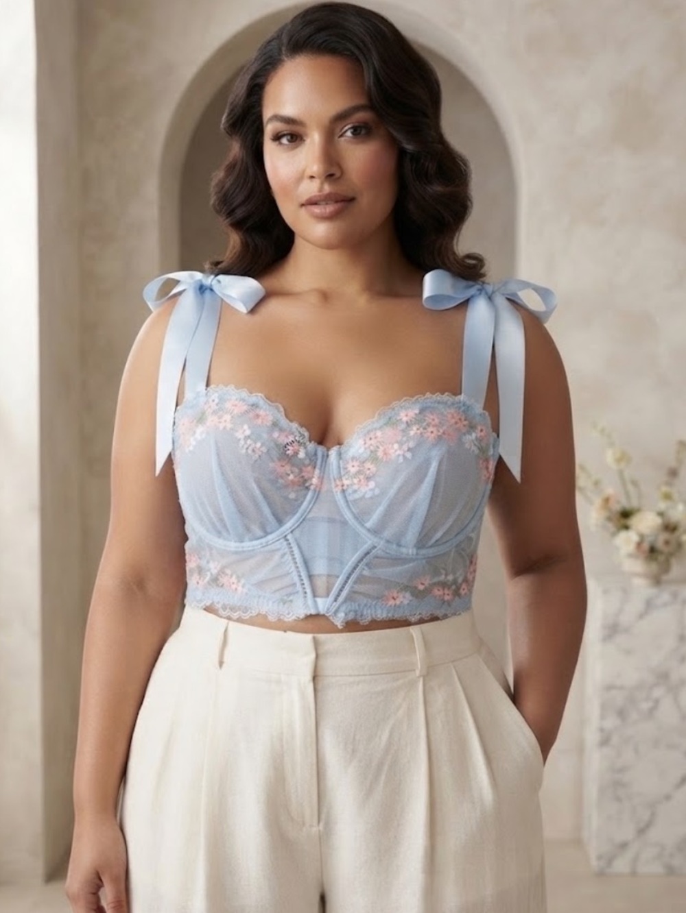 Auden Light Blue Floral Embroidered Longline Bra with Ribbon Straps Sz XXL NWOT